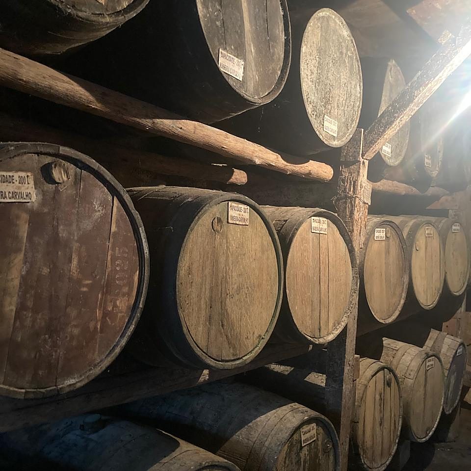 Tonéis de madeira na adega da cachaçaria